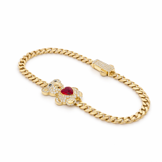 14k Gold Teddy Bear Charm Cuban Link Bracelet 7.25" with Cubic Zirconia Bear and Red Heart