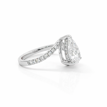 14k White Gold Bypass Ring with Pear Lab Grown Diamond and Hidden Halo (1.977 tcw)