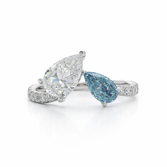 14k White Gold Toi et Moi Ring with White and Aqua Pear Lab Diamonds (2.529 tcw)