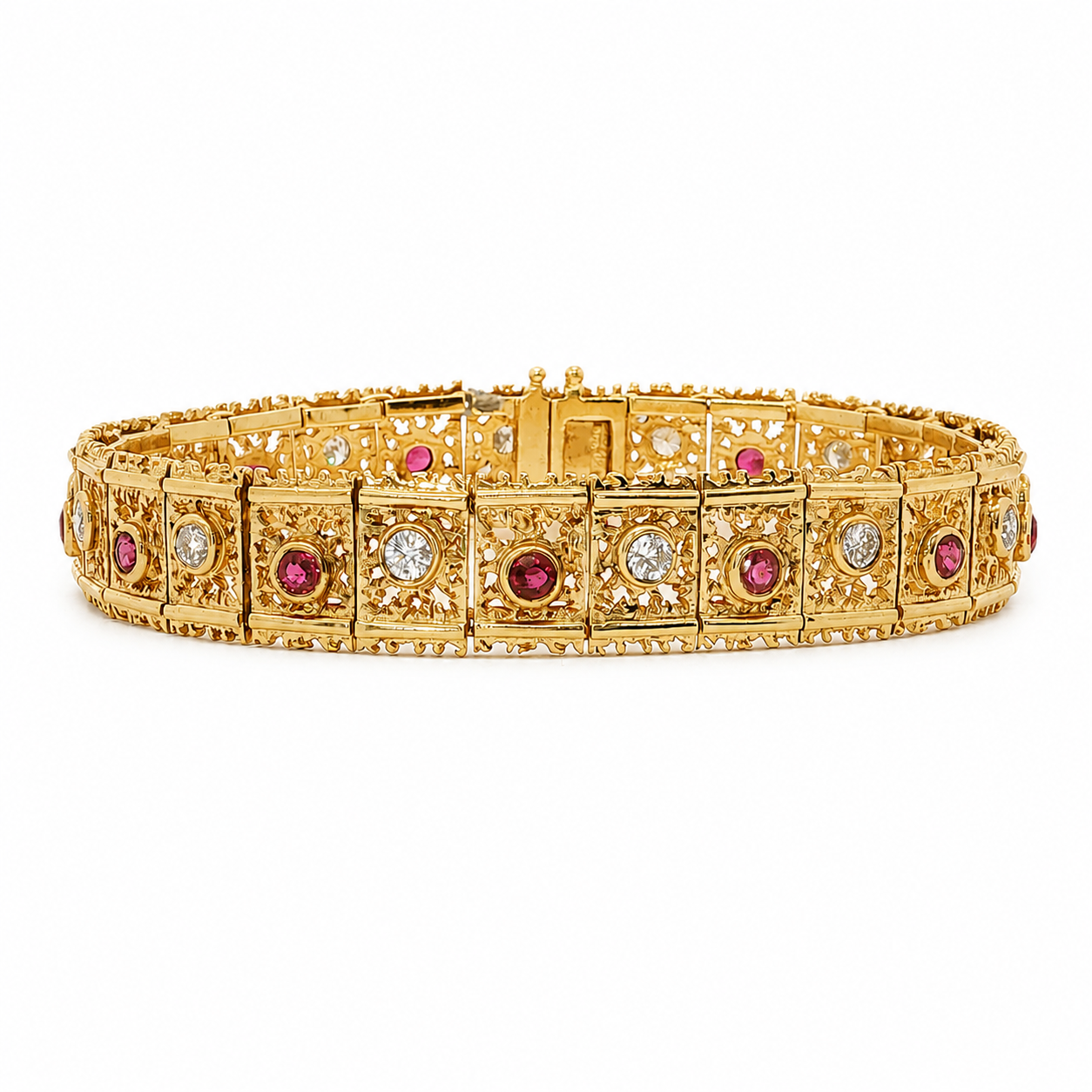 18K Gold Ruby & Natural Diamond Filigree Link Bracelet