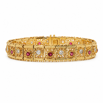 18K Gold Ruby & Natural Diamond Filigree Link Bracelet
