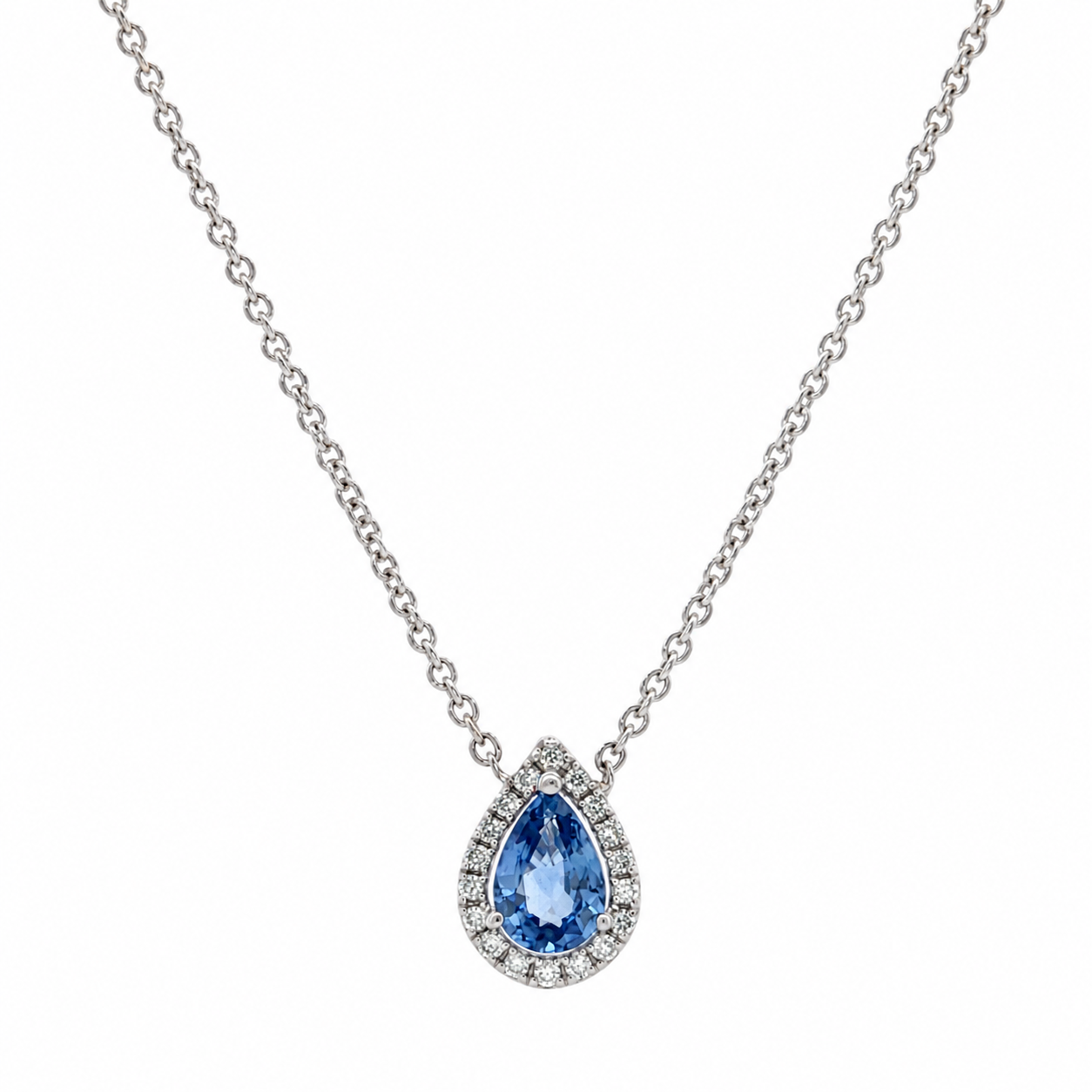 14k White Gold Pear Shaped Cornflower Ceylon Sapphire Pendant with Natural Diamonds Necklace 18"