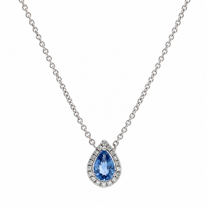 14k White Gold Pear Shaped Cornflower Ceylon Sapphire Pendant with Natural Diamonds Necklace 18"