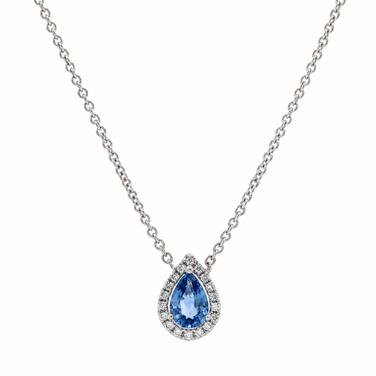 14k White Gold Pear Shaped Cornflower Ceylon Sapphire Pendant with Natural Diamonds Necklace 18"