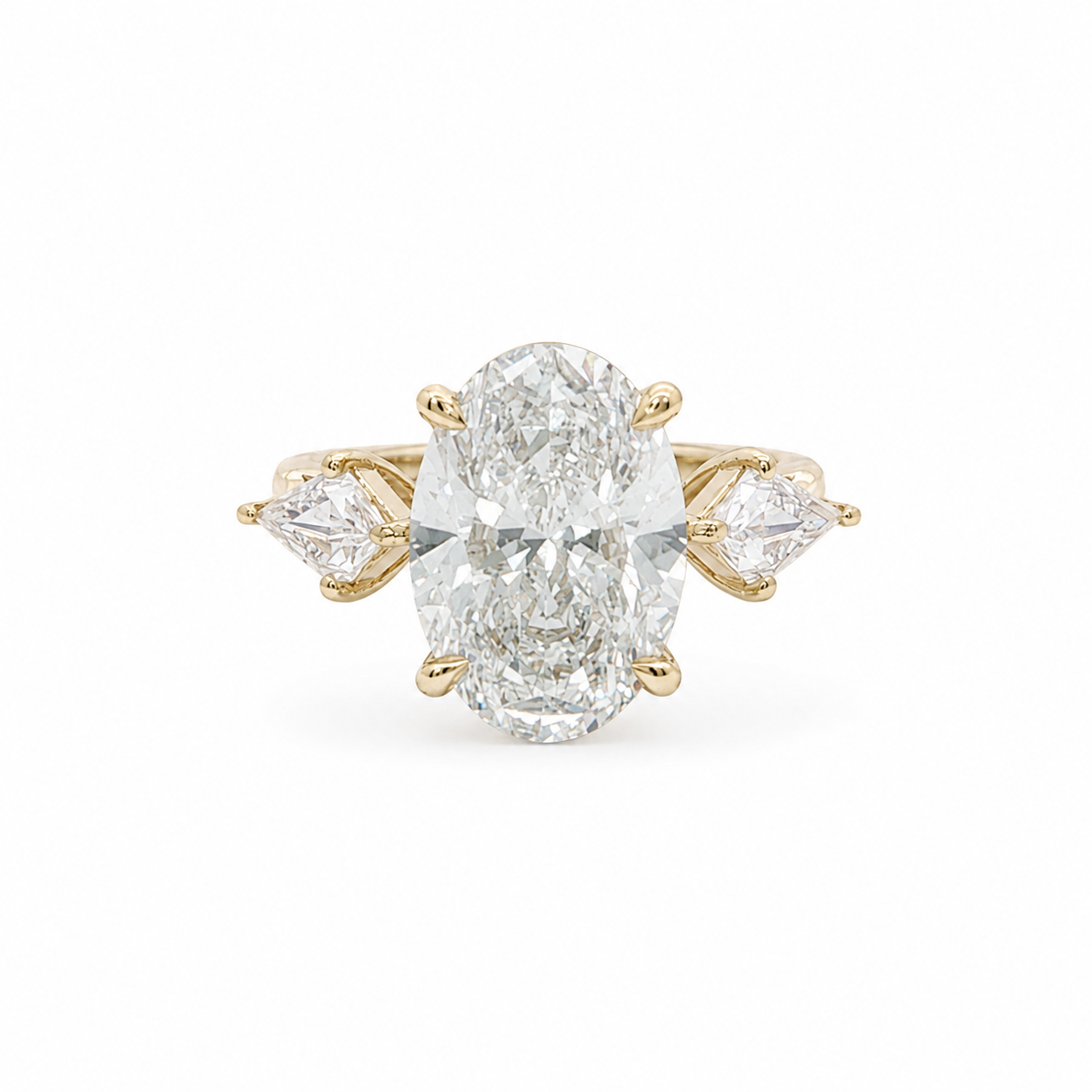18k Gold 4.09ct Oval Cut Lab Grown Diamond Engagement Ring with 0.50ct Kite Side Stones | F/VS2 | Euro Shank