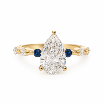 14k Gold 1.52ct E/VS1 Pear Lab Diamond Engagement Ring with Sapphire & Diamond Accents