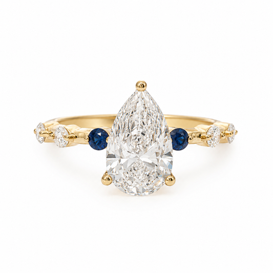 14k Gold 1.52ct E/VS1 Pear Lab Diamond Engagement Ring with Sapphire & Diamond Accents