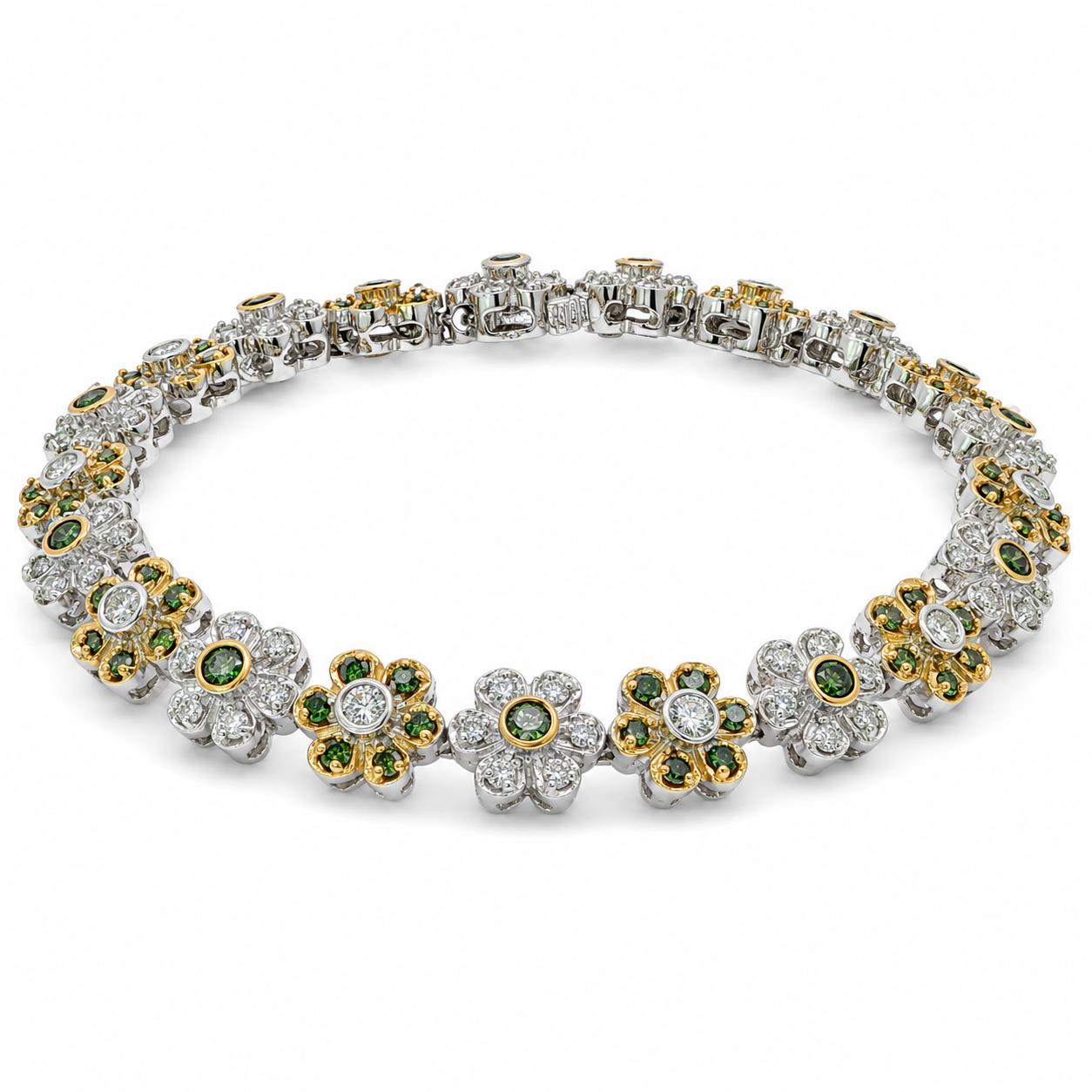 14K Gold Natural Green & Clear Diamonds Flower Bracelet