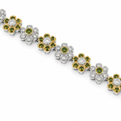 14K Gold Natural Green & Clear Diamonds Flower Bracelet