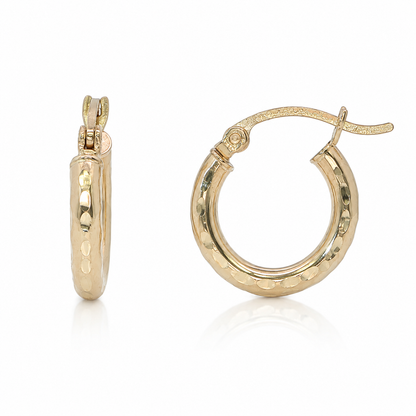 14k Gold Hammered Finish Huggie Hoop Earrings | 11mm