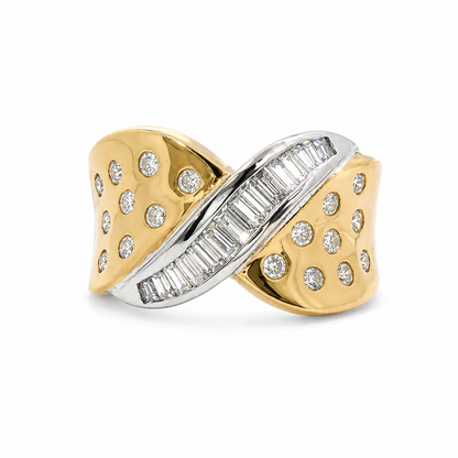 18k Yellow & White Gold Baguette & Round Natural Diamond Wave Ring | 0.70 tcw