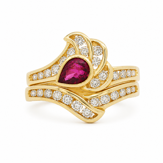 18k Yellow Gold Natural Ruby & Diamond Two-Piece Estate Ring Set