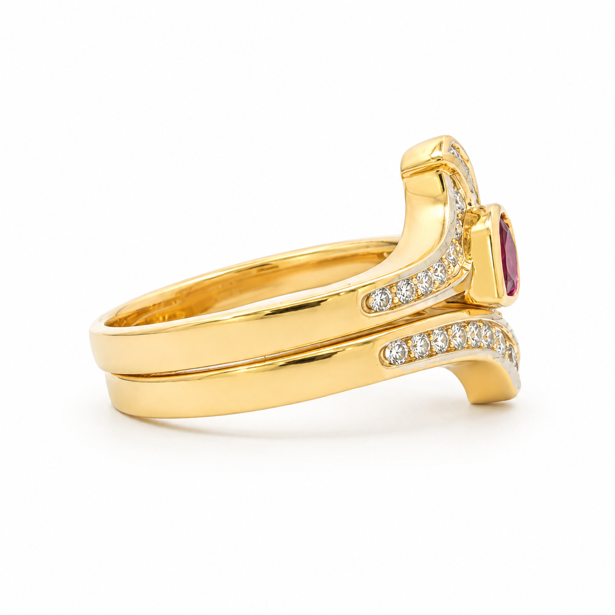 18k Yellow Gold Natural Ruby & Diamond Two-Piece Estate Ring Set