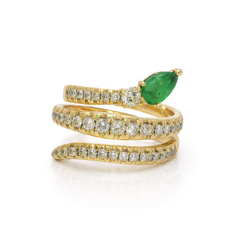 18k Gold Natural Diamond and Colombian Emerald Serpent Ring
