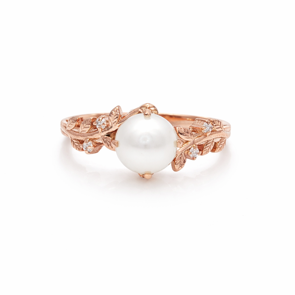 18k Rose Gold Pearl and Diamond Leaf Bypass Ring