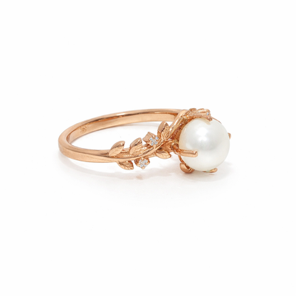 18k Rose Gold Pearl and Diamond Leaf Bypass Ring