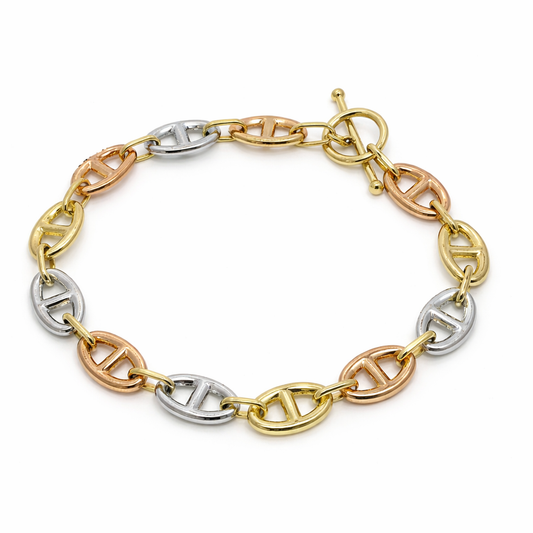 14k TriColor Gold Mariner Link Bracelet  | 7"