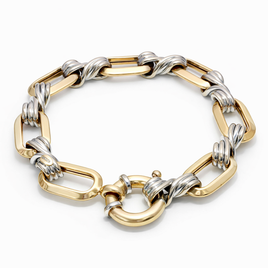 14k Gold Two-Tone Chunky Twisted Oval Links Bracelet 7"