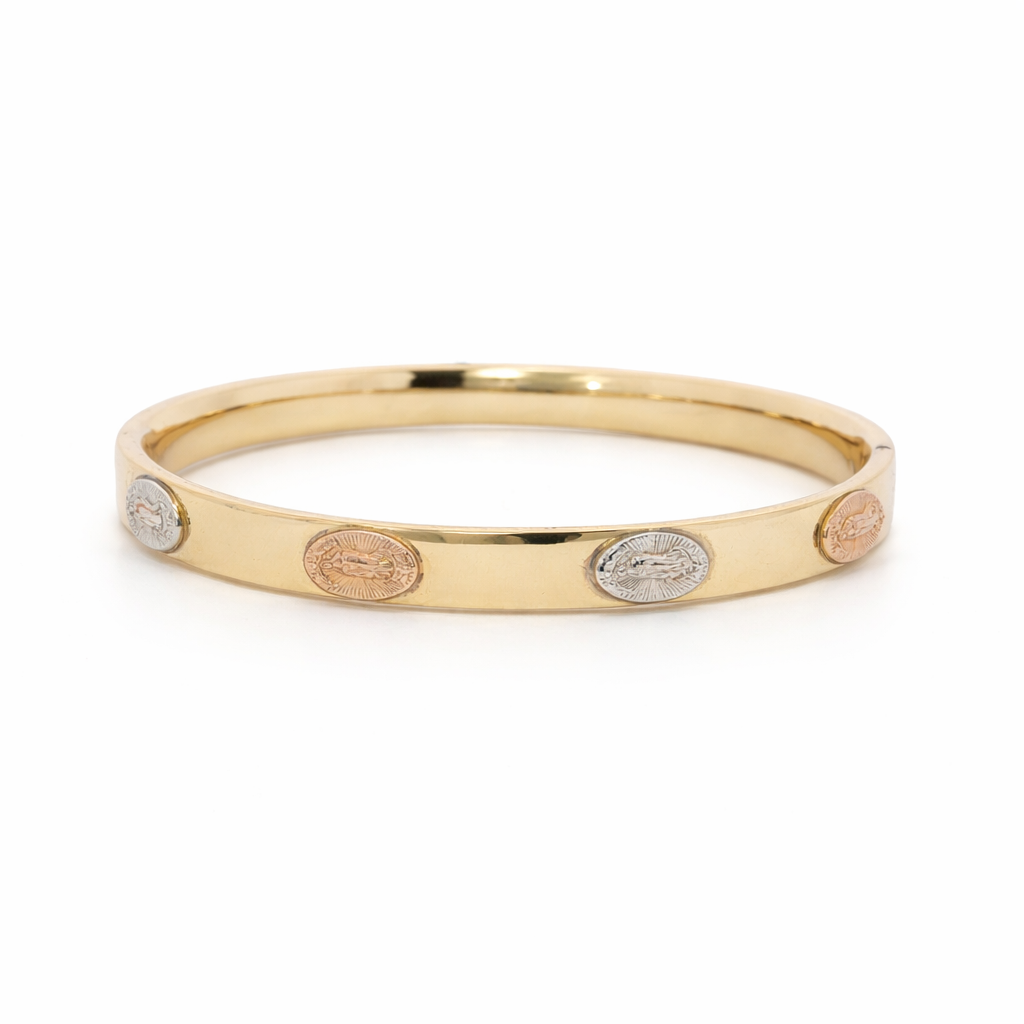 14k Tri-Color Gold Guadalupe Hinged Bangle | 6.3mm x 62mm | Fits 7.5" Wrist