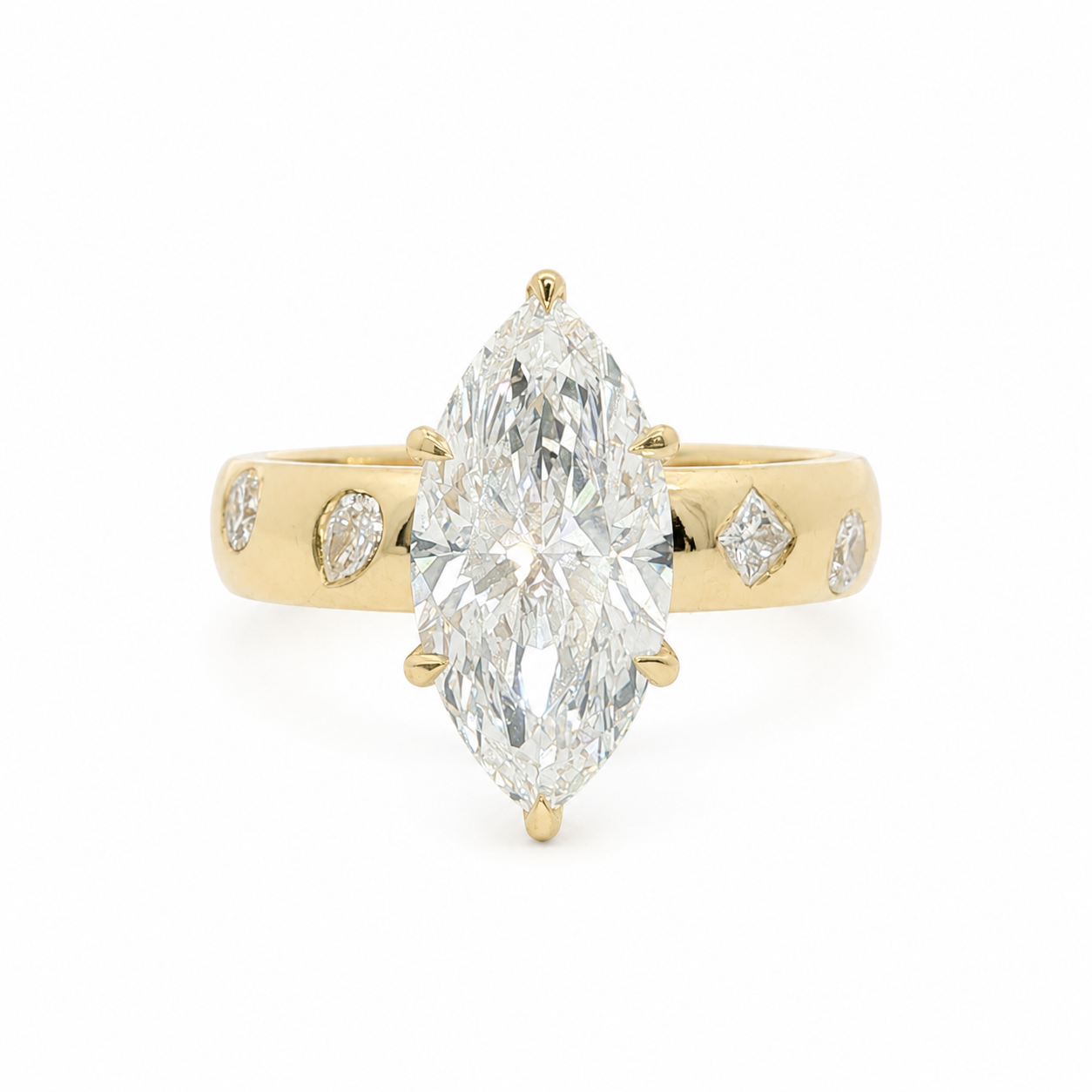 14k Gold 3.02ct Marquise Cut Lab Diamond Cigar Band Ring with Mixed Cut Accents | E/VS1