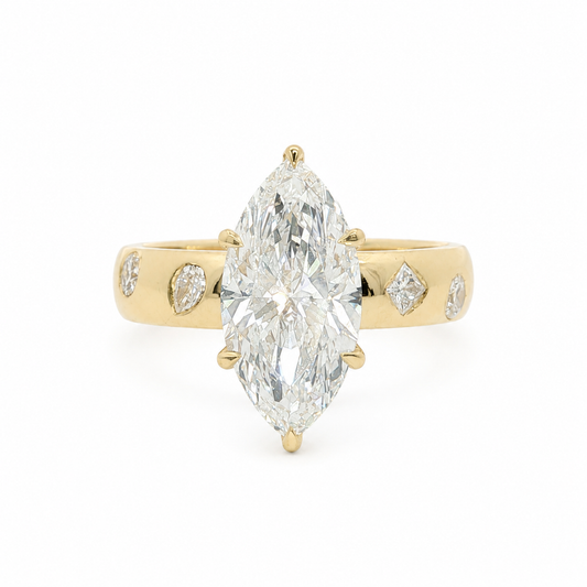 14k Gold 3.02ct Marquise Cut Lab Diamond Cigar Band Ring with Mixed Cut Accents | E/VS1
