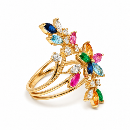 14k Yellow Gold Multicolor Natural Gemstone & Lab-Grown Diamond Statement Ring | 0.987ctw
