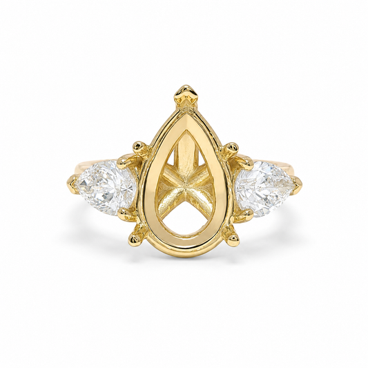 14k Gold Pear 3-Stone Diamond Engagement Ring Setting | 1.42 TCW Pear Lab Diamond Sides | Fits Approx. 3.50–4.00ct Center