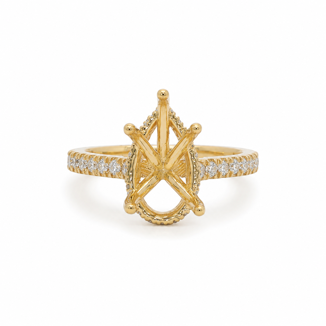 14k Gold Pear Diamond Engagement Ring Setting | 5-Prong Halo, Pavé Band & Gallery | 0.52 TCW Lab Diamond | Fits Approx. 2.00–2.25ct Pear
