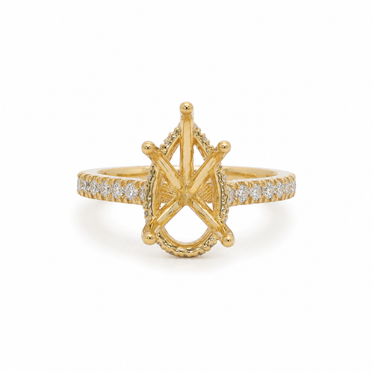 14k Gold Pear Diamond Engagement Ring Setting | 5-Prong Halo, Pavé Band & Gallery | 0.52 TCW Lab Diamond | Fits Approx. 2.00–2.25ct Pear