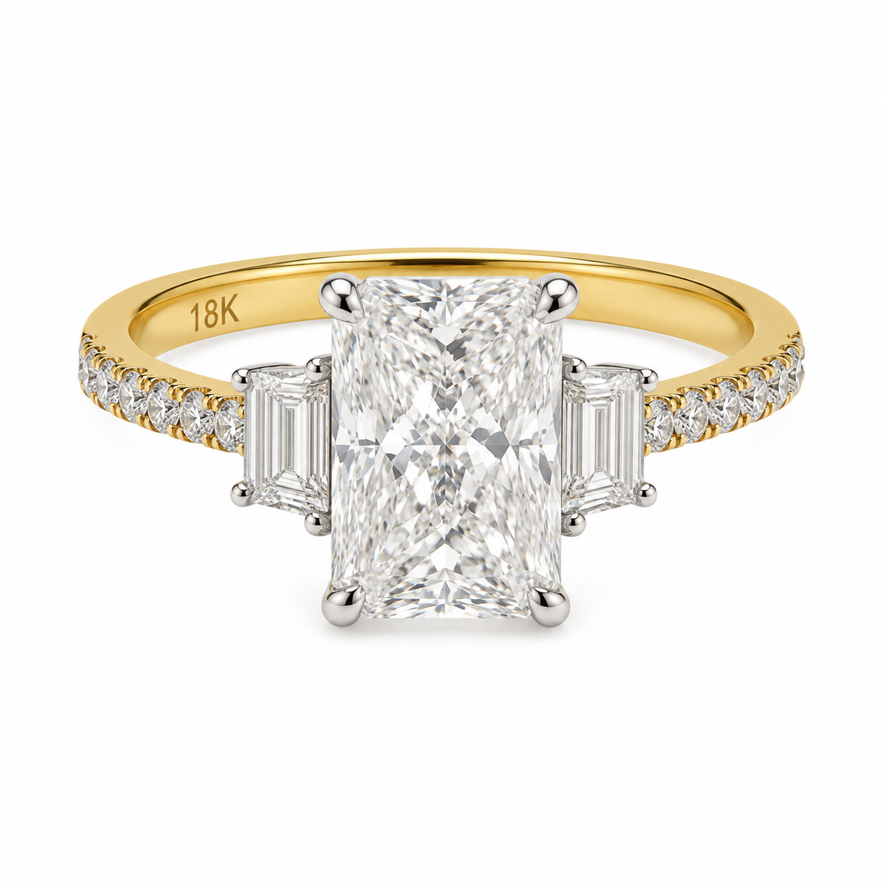 3.02 carat Radiant Lab Grown Diamond Center: 3-Stone in 18k Yellow Gold (VS1/E)
