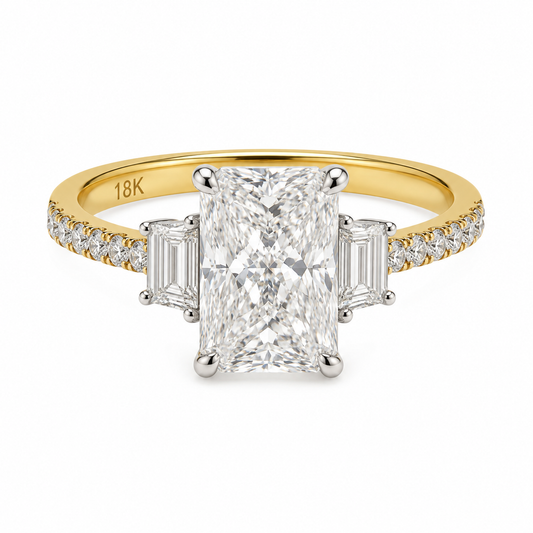 3.02 carat Radiant Lab Grown Diamond Center: 3-Stone in 18k Yellow Gold (VS1/E)
