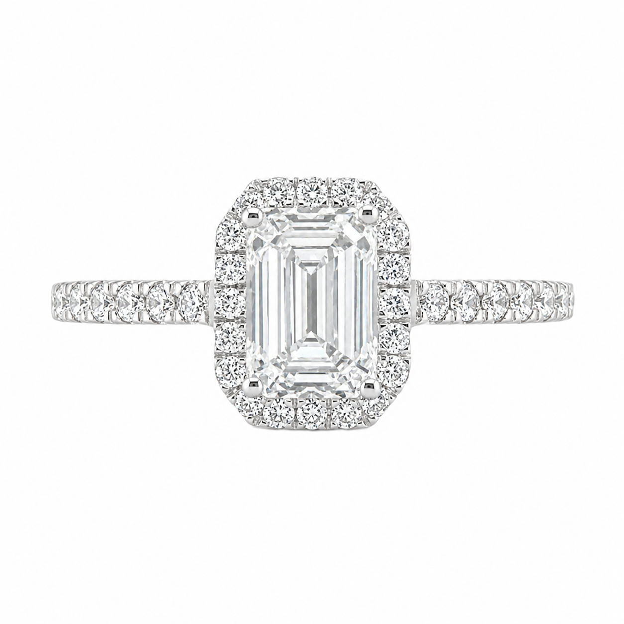 1.01 Carat Emerald Cut Halo Lab Grown Diamond in 18k White Gold with Pavé Cathedral Setting
