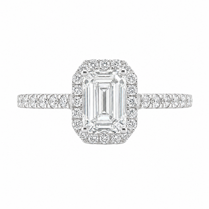 1.01 Carat Emerald Cut Halo Lab Grown Diamond in 18k White Gold with Pavé Cathedral Setting