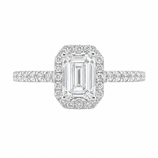 1.01 Carat Emerald Cut Halo Lab Grown Diamond in 18k White Gold with Pavé Cathedral Setting
