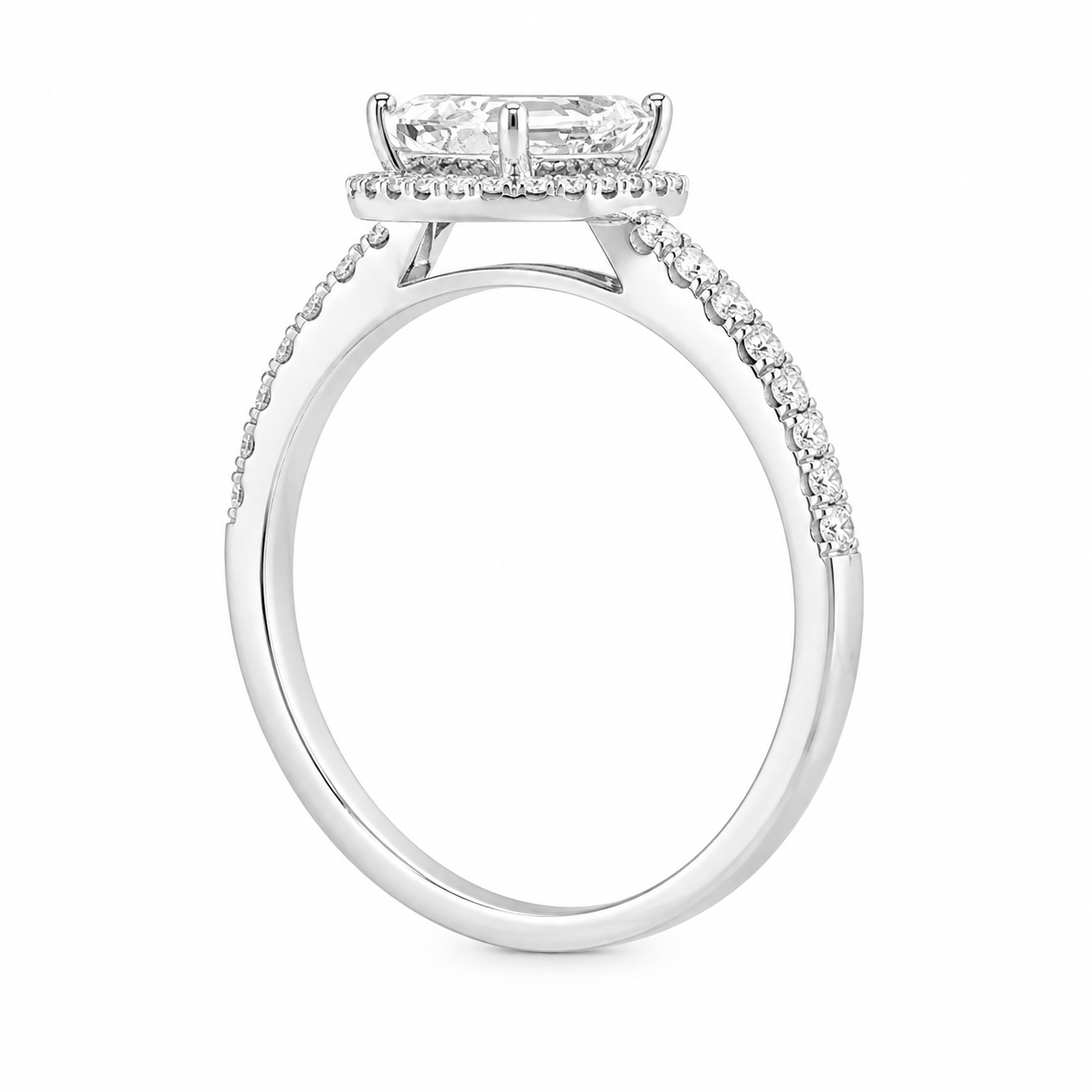1.01 Carat Emerald Cut Halo Lab Grown Diamond in 18k White Gold with Pavé Cathedral Setting