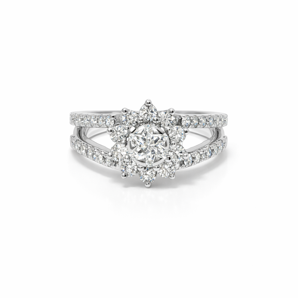 1 Carat Natural Diamond Sunflower and 14k White Gold Ring