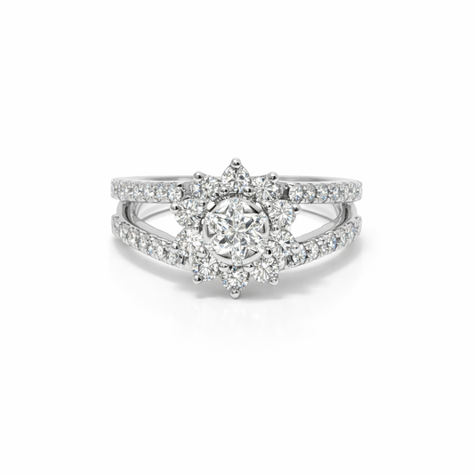 1 Carat Natural Diamond Sunflower and 14k White Gold Ring