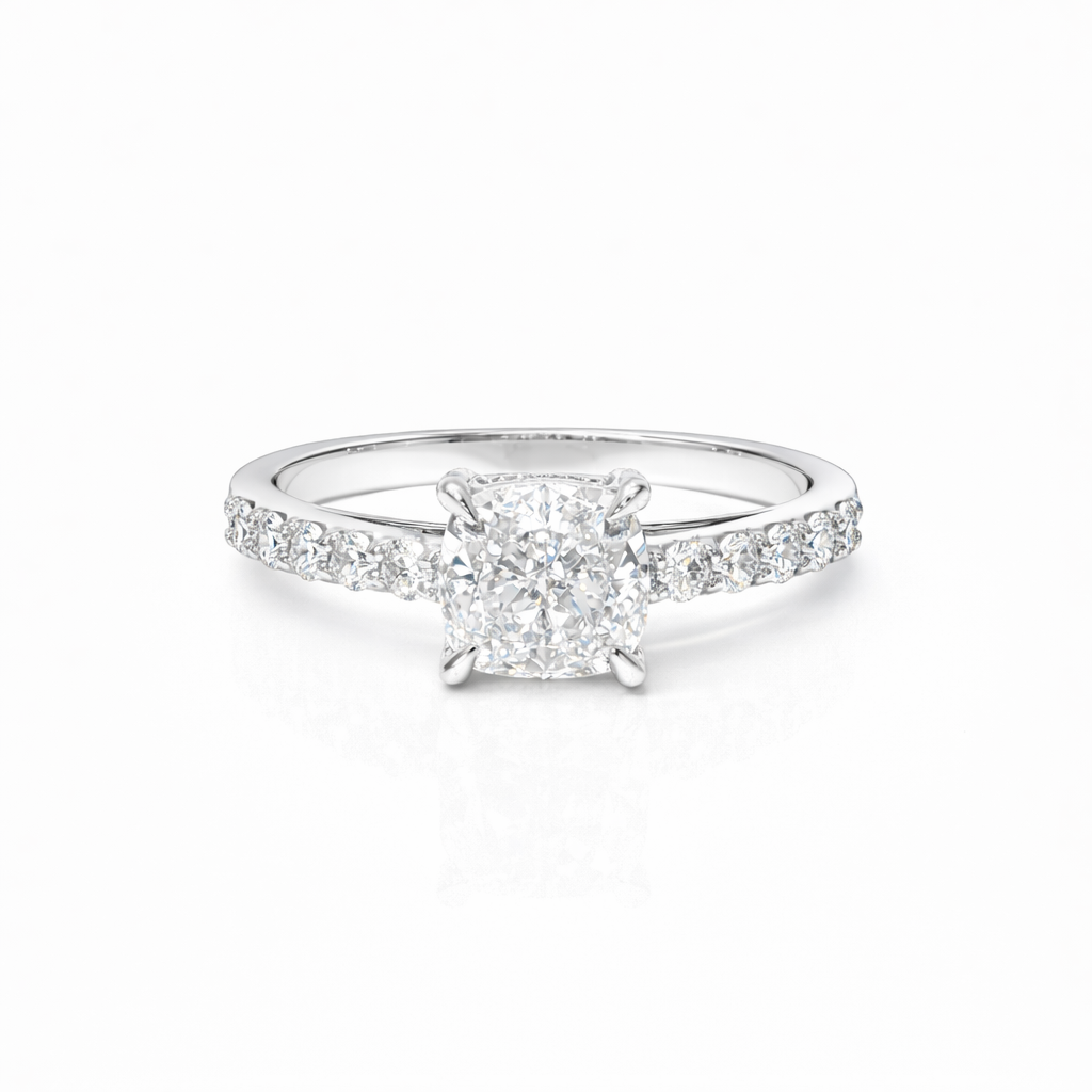 1.02 Carat Cushion Brilliant Lab Grown Diamond in 18k White Gold with Pavé Cathedral Setting