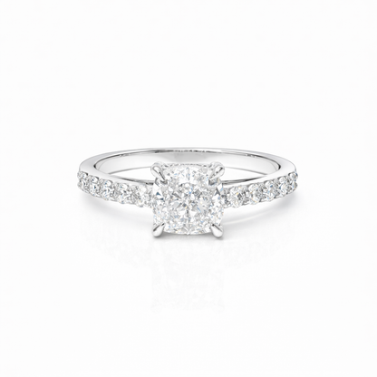 1.02 Carat Cushion Brilliant Lab Grown Diamond in 18k White Gold with Pavé Cathedral Setting