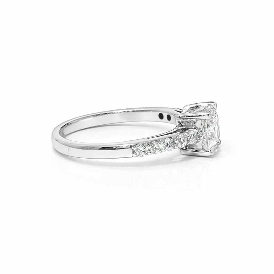 1.02 Carat Cushion Brilliant Lab Grown Diamond in 18k White Gold with Pavé Cathedral Setting