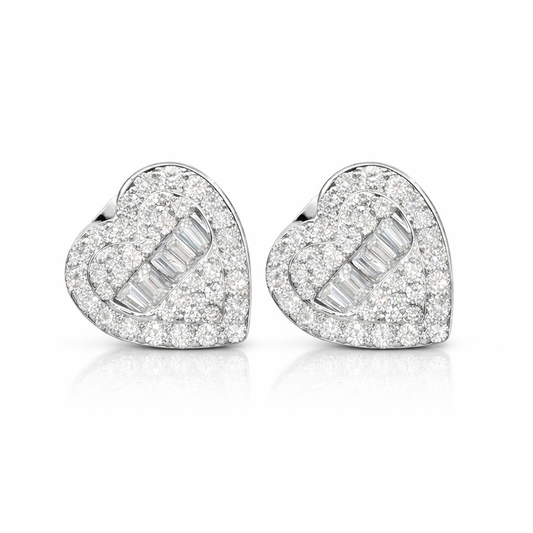 14k Solid Gold Baguette Pavé Diamond Heart Shape Screwback Earrings 1.32 Ct. T.W