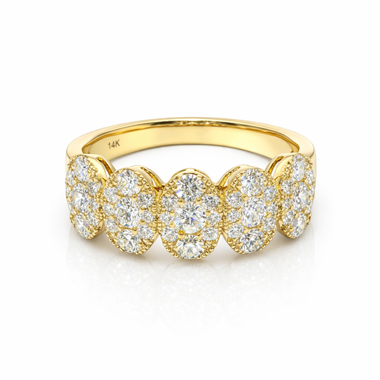 18k Gold Five-Stone Round Diamond Oval Shaped Cluster Ring | 1.00 tcw