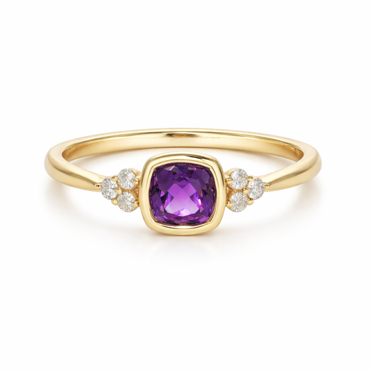 18k Gold Bezel Set Amethyst with Natural Diamond Accent Ring