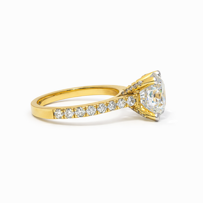 3.05 Carat Round Brilliant Lab Grown Diamond in 18k Yellow Gold Pave Cathedral Setting