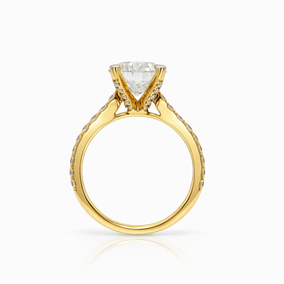 3.05 Carat Round Brilliant Lab Grown Diamond in 18k Yellow Gold Pave Cathedral Setting