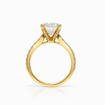 3.05 Carat Round Brilliant Lab Grown Diamond in 18k Yellow Gold Pave Cathedral Setting