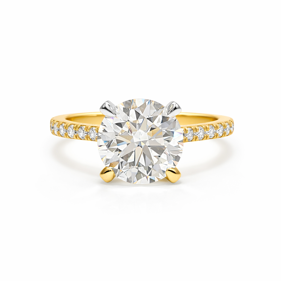 3.05 Carat Round Brilliant Lab Grown Diamond in 18k Yellow Gold Pave Cathedral Setting