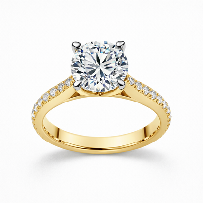 3.05 Carat Round Brilliant Lab Grown Diamond in 18k Yellow Gold Pave Cathedral Setting