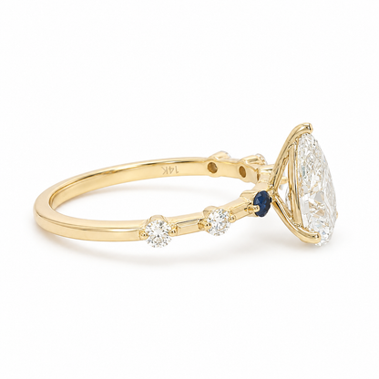 14k Gold 1.52ct E/VS1 Pear Lab Diamond Engagement Ring with Sapphire & Diamond Accents