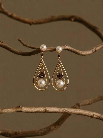 14k Yellow Gold Chocolate & Champagne Diamond Drop Earrings with Freshwater Pearls